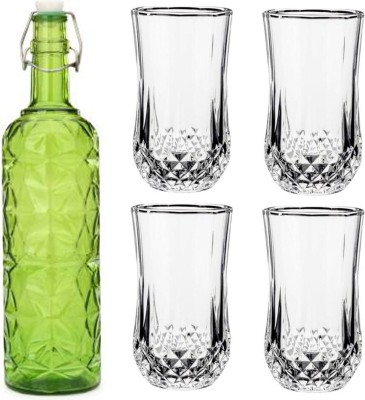 AFAST Bottle & 4 Glass Drinks Serving Lemon Set, Green, Clear, Glass, 1000 Ml -A63 1000 ml Bottle With Drinking Glass(Pack of 5, Green, Glass)