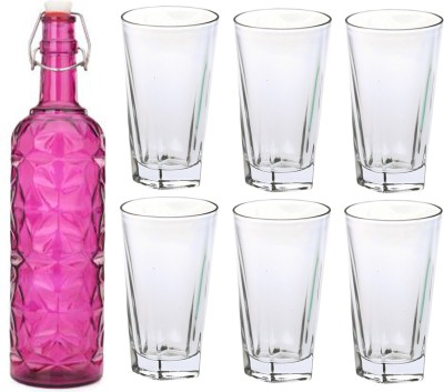 AFAST Bottle & 6 Glass Serving Lemon Set, Pink, Clear, Glass 1000 ml Bottle With Drinking Glass(Pack of 7, Pink, Clear, Glass)