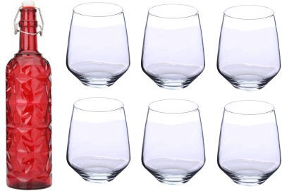 1st Time Bottle & 6 Glass Serving Lemon Set, Red, Clear, Glass, 1000 Ml 1000 ml Bottle With Drinking Glass(Pack of 7, Red, Glass)