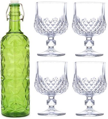 AFAST Bottle & 4 Glass Serving Lemon Set, Green, Clear, Glass 1000 ml Bottle With Drinking Glass(Pack of 5, Green, Clear, Glass)