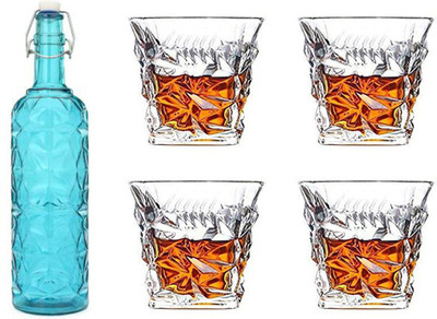 AFAST 1000 ml Glass Bottle With Drinking Glass(Pack of 5, Blue, Clear)