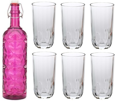 AFAST Bottle & 6 Glass Serving Lemon Set, Pink, Clear, Glass 1000 ml Bottle With Drinking Glass(Pack of 7, Pink, Clear, Glass)