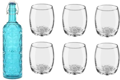 1st Time Bottle & 6 Glass Serving Lemon Set, Blue, Clear, Glass, 1000 Ml 1000 ml Bottle With Drinking Glass(Pack of 7, Blue, Glass)