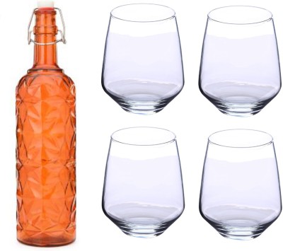 AFAST (Pack of 5) Bottle & 4 Glass Serving Lemon Set, Orange, Clear, Glass - A559 Glass Set Water/Juice Glass(350 ml, Glass, Orange, Clear)