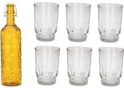 1st Time Bottle & 6 Glass Serving Lemon Set, Yellow, Clear, Glass, 1000 Ml 1000 ml Bottle With Drinking Glass(Pack of 7, Yellow, Glass)