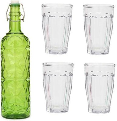 AFAST Bottle & 4 Glass Serving Lemon Set, Green, Clear, Glass 1000 ml Bottle With Drinking Glass(Pack of 5, Green, Clear, Glass)