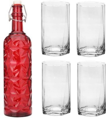 AFAST Bottle & 4 Glass Serving Lemon Set, Red, Clear, Glass 1000 ml Bottle With Drinking Glass(Pack of 5, Red, Clear, Glass)