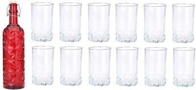 AFAST (Pack of 13) Bottle & 12 Glass Serving Lemon Set, Red, Clear, Glass - A863 Glass Set Water/Juice Glass(200 ml, Glass, Red, Clear)