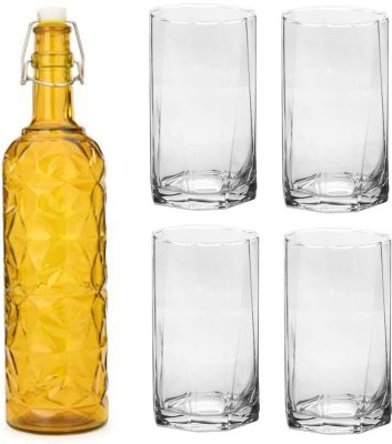 AFAST Bottle & 4 Glass Serving Lemon Set, Yellow, Clear, Glass 1000 ml Bottle With Drinking Glass(Pack of 5, Yellow, Clear, Glass)