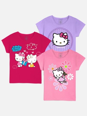 kidsville Girls Graphic Print Pure Cotton T Shirt(Multicolor, Pack of 3)