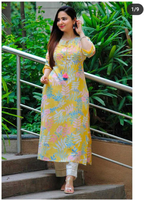 CHANDAFEB Women Floral Print A-line Kurta(Yellow)
