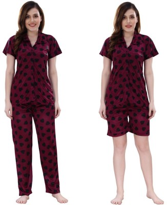 Romaisa Women Printed Maroon, Black Top & Pyjama Set