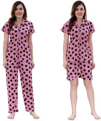 Romaisa Women Printed Pink, Black Top & Pyjama Set