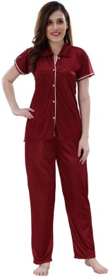 Romaisa Women Solid Maroon Top & Pyjama Set