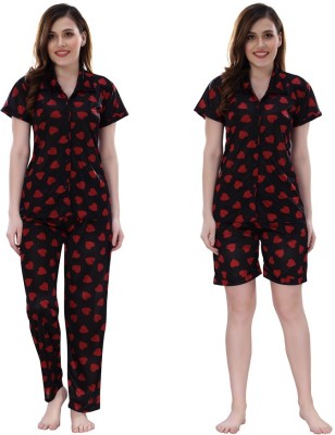 Romaisa Women Printed Black, Red Top & Pyjama Set