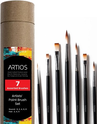 ARTIOS Round + Flat Paint Brush Set - Handmade Professional Brushes with Brush Holder(Set of 7, Matte Black)