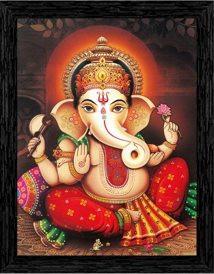 Indianara Lord Ganesha Painting (4329BK) -Synthetic Fame, 10 x 13 Inch Digital Reprint 13 inch x 10.2 inch Painting(With Frame)