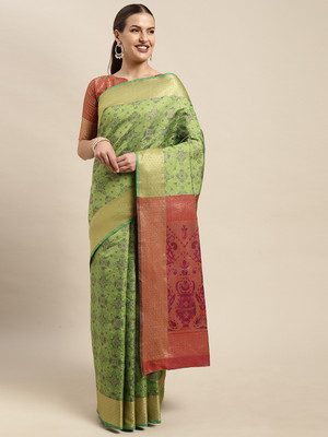 Blissta Checkered Patola Silk Blend Saree(Green)
