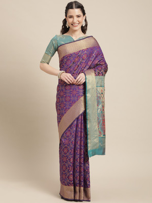 Blissta Checkered Patola Silk Blend Saree(Purple)