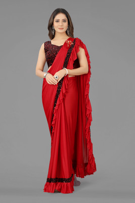 3Buddy Fashion Solid/Plain Bollywood Lycra Blend Saree(Red)