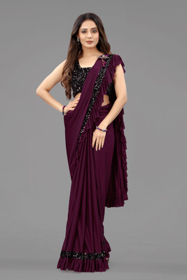 ENCLIQ Solid/Plain Bollywood Lycra Blend Saree(Purple)