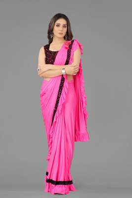 ENCLIQ Solid/Plain Bollywood Lycra Blend Saree(Pink)