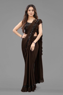 3Buddy Fashion Solid/Plain Bollywood Lycra Blend Saree(Brown)