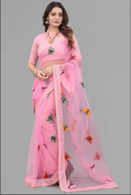 IRREPLACEABLE ART Embroidered Bollywood Net Saree(Pink)