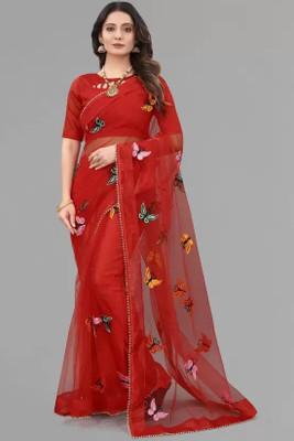 IRREPLACEABLE ART Embroidered Bollywood Net Saree(Red)