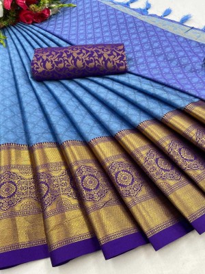 sanvi Woven Handloom Silk Blend, Cotton Silk Saree(Light Blue)