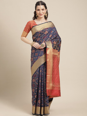 Blissta Checkered Patola Silk Blend Saree(Dark Blue)