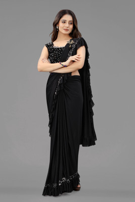 3Buddy Fashion Solid/Plain Bollywood Lycra Blend Saree(Black)