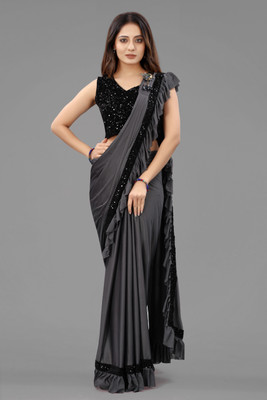 3Buddy Fashion Solid/Plain Bollywood Lycra Blend Saree(Grey)