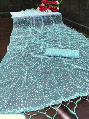 MAAFAB Embroidered Bollywood Net Saree(Blue)