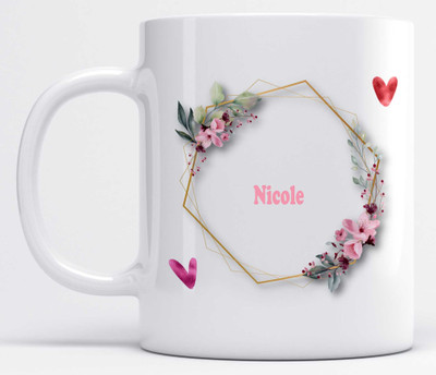 LOROFY Name Nicole Printed Floral and Hearts Design Ceramic Coffee Mug(325 ml)