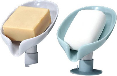 BHOOLU&GOOLU Leaf Shape Suction Soap Box Drain Soap Holder (2 pcs set)(Mint Green, Grey)