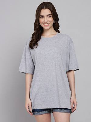 FUNDAY FASHION Solid Women Round Neck Grey T-Shirt