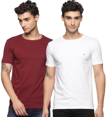 Overay Solid Men Round Neck White, Maroon T-Shirt