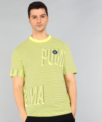 PUMA Striped Men Round Neck Yellow T-Shirt