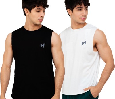 mebadass Solid Men Round Neck White, Black T-Shirt