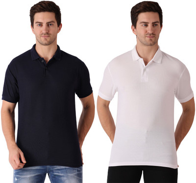 Maleno Solid Men Polo Neck Dark Blue, White T-Shirt