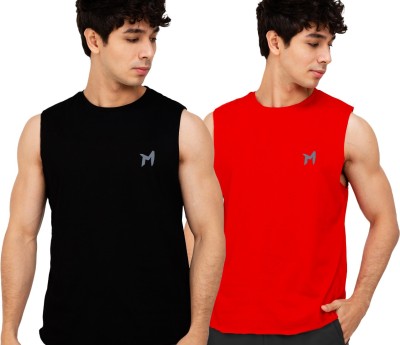 mebadass Solid Men Round Neck Red, Black T-Shirt