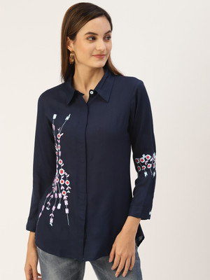 KBZ Casual Embroidered Women Blue Top