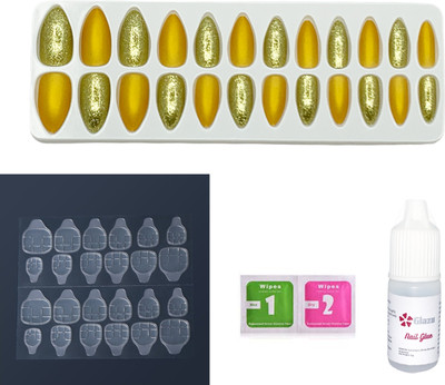 GLAZU Glitter & Matte Press On Artificial Nails/Fake Nails with 1 Nail Glue Kit Gold(Pack of 24)