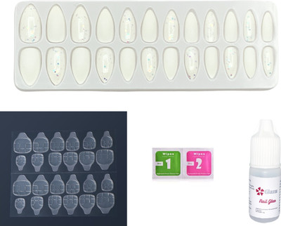 GLAZU Glitter & Matte Press On Artificial Nails/Fake Nails with 1 Nail Glue Kit White(Pack of 24)
