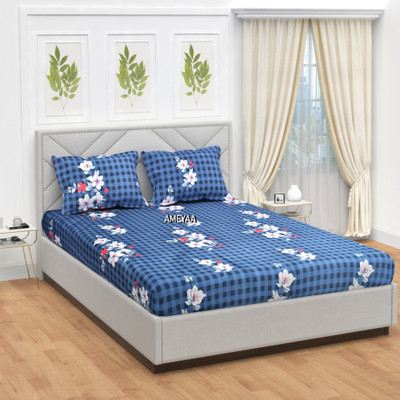 AMEYAA 180 TC Cotton Double Printed Fitted (Elastic) Bedsheet(Pack of 1, Blue)