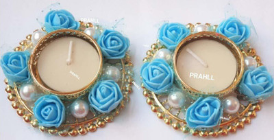 PRAHLL Artificial Rose,Pearls Diya Tlite Rangoli Floating/Non Floating Festive Decor Brass 2 - Cup Tealight Holder Set(Blue, Pack of 2)