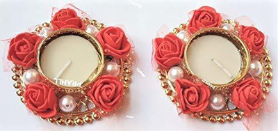 PRAHLL Artificial Rose,Pearls Diya Tlite Rangoli Floating/Non Floating Festive Decor Brass 2 - Cup Tealight Holder Set(Red, Pack of 2)