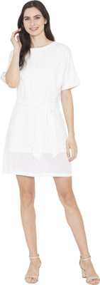 entellus Women A-line White Knee Length Dress