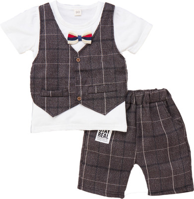 Bold N Elegant Baby Boys Party(Festive) Waistcoat Shorts(Dark Brown, White)
